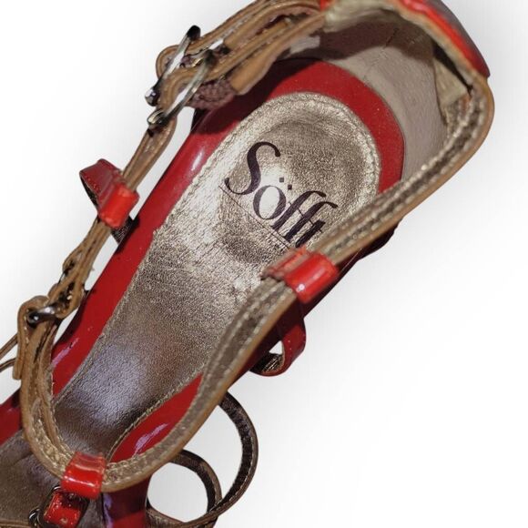 Sofft Womens Heels Sz 11 Red Tan Strappy Buckles 3" High Patent Leather Comfort - Picture 9 of 13